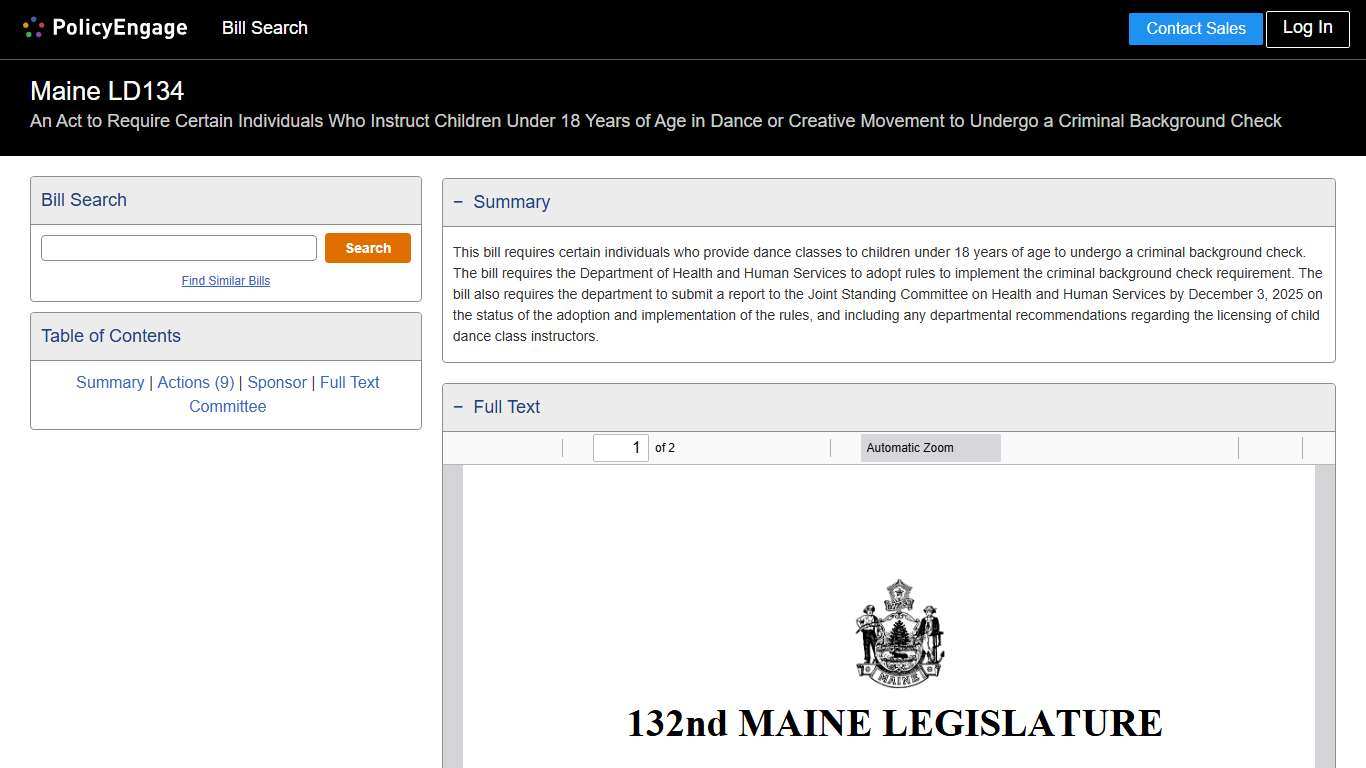 LD134 Maine 2025-2026 An Act to Require Certain Individuals Who Instruct Children Under 18 Years of Age in Dance or Creative Movement to Undergo a Criminal Background Check - Legislative Tracking PolicyEngage