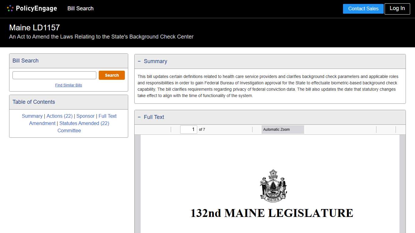 LD1157 Maine 2025-2026 An Act to Amend the Laws Relating to the State's Background Check Center - Legislative Tracking PolicyEngage